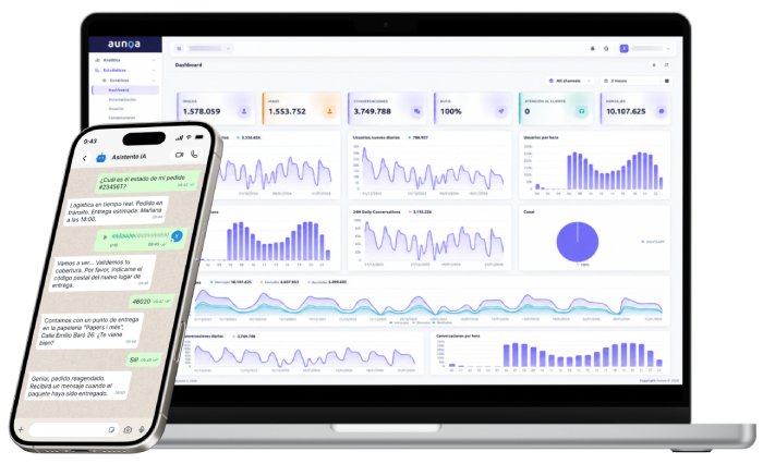 Dashboard de Aunoa y conversación con el asistente IA en WhatsApp